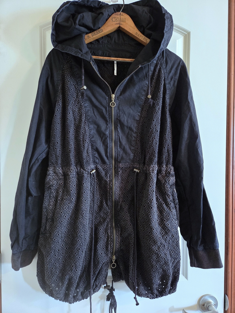 Free People For A Rainy Day Eyelet Lace Anorak Jacket Black Boho Parka S